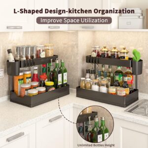 WAKISA Under Sink Organizers 2 Pack, Bathroom Organizers Under Cabinet Storage, 2 Tier Counter Storage with Drawer/Hooks/Cups, L Shape Large Capacity Organization and Storage for Home Kitchen Bathroom