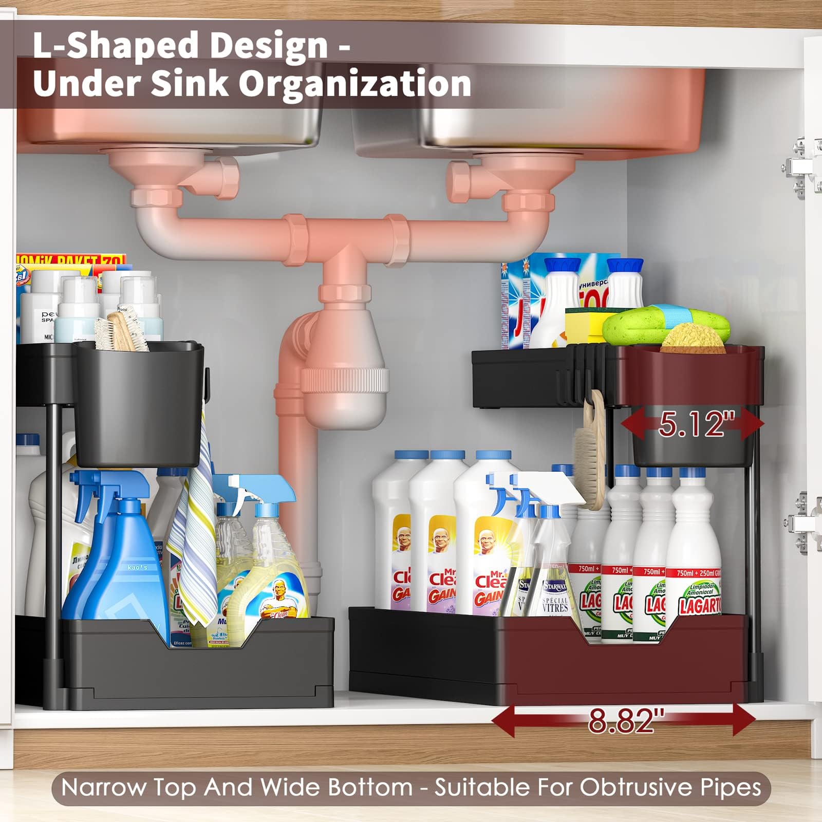 WAKISA Under Sink Organizers 2 Pack, Bathroom Organizers Under Cabinet Storage, 2 Tier Counter Storage with Drawer/Hooks/Cups, L Shape Large Capacity Organization and Storage for Home Kitchen Bathroom