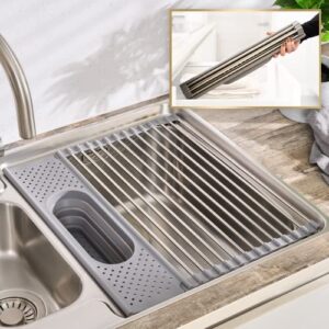sink drying rack - roll up dish drying rack, over the sink dish drying rack for kitchen sink accessories dish drying rack over the sink, roll up dish drying rack over the sink kitchen -17.3 x14.6 gray