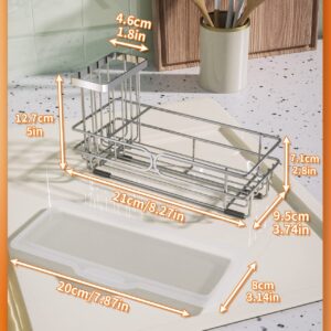 SWTYMIKI Sink Caddy Kitchen Sink Organizer, 304 Stainless Steel Sponge Caddy for Kitchen Sink with Removable Brush Holder Dish Sponge Holder with Drawer Drain Tray for Kitchen Tabletop, Silver