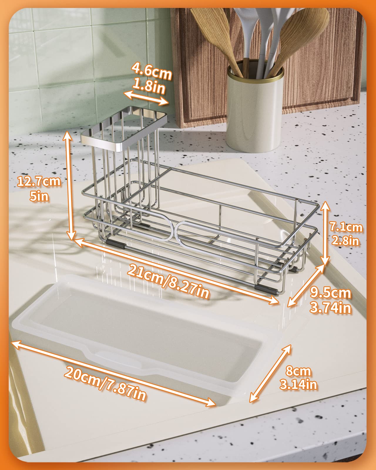 SWTYMIKI Sink Caddy Kitchen Sink Organizer, 304 Stainless Steel Sponge Caddy for Kitchen Sink with Removable Brush Holder Dish Sponge Holder with Drawer Drain Tray for Kitchen Tabletop, Silver