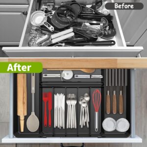 Silverware Drawer Organizer, Expandable Kitchen Utensil Organizer, Larger Capacity Flatware and Cutlery Tray, Multi-Purpose Drawer Storage for Kitchen, Dressing Table, Office, Bathroom, (Black)