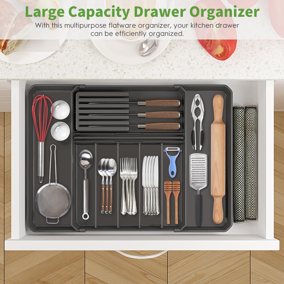 Silverware Drawer Organizer, Expandable Kitchen Utensil Organizer, Larger Capacity Flatware and Cutlery Tray, Multi-Purpose Drawer Storage for Kitchen, Dressing Table, Office, Bathroom, (Black)