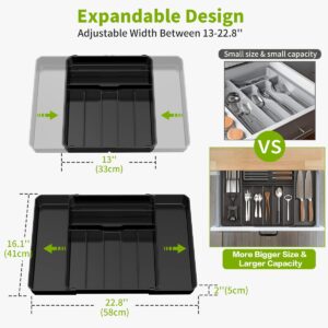 Silverware Drawer Organizer, Expandable Kitchen Utensil Organizer, Larger Capacity Flatware and Cutlery Tray, Multi-Purpose Drawer Storage for Kitchen, Dressing Table, Office, Bathroom, (Black)