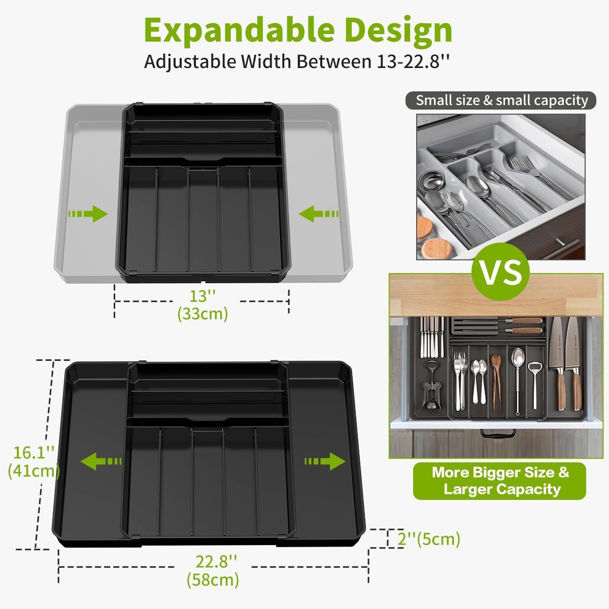 Silverware Drawer Organizer, Expandable Kitchen Utensil Organizer, Larger Capacity Flatware and Cutlery Tray, Multi-Purpose Drawer Storage for Kitchen, Dressing Table, Office, Bathroom, (Black)