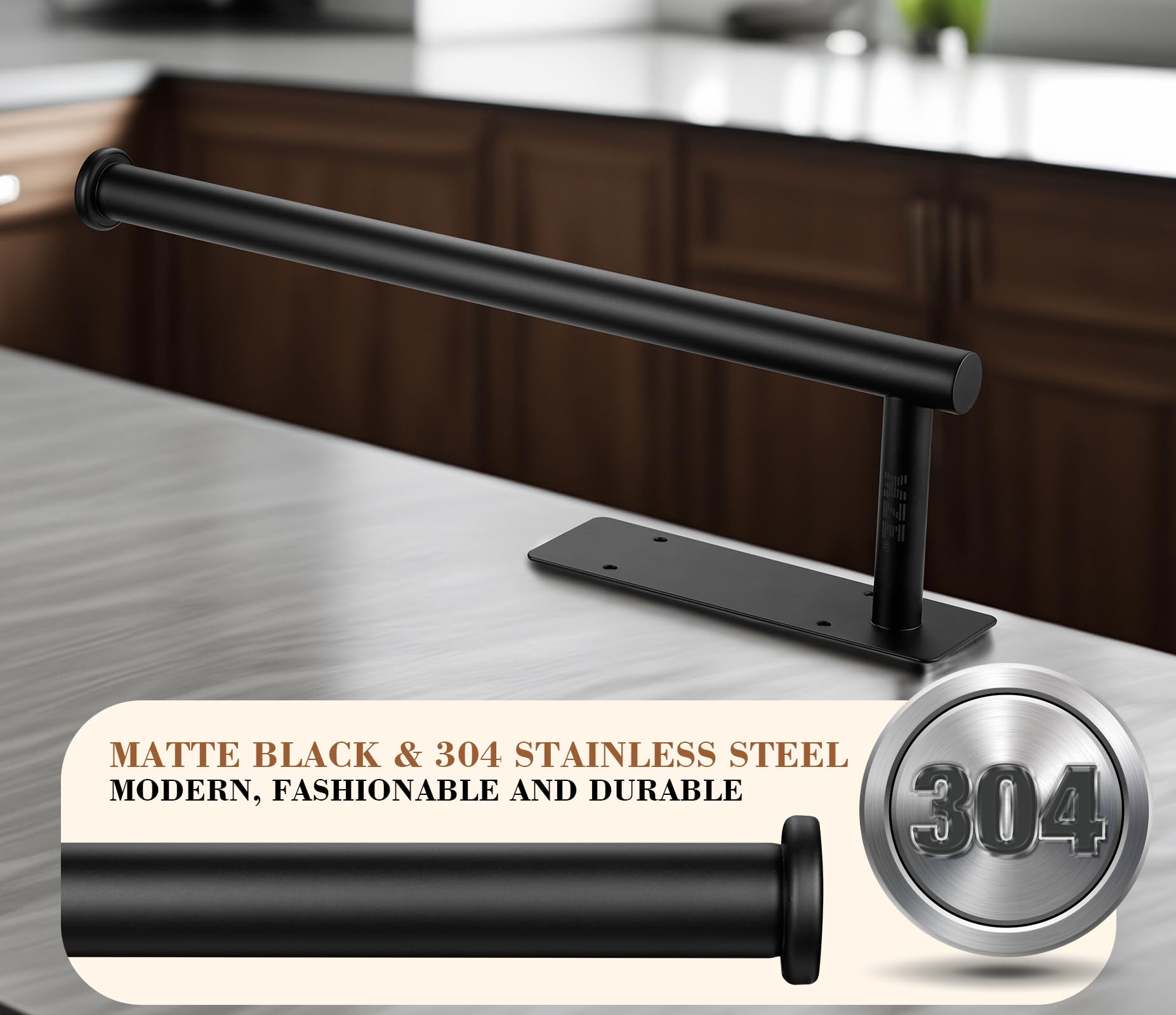 Paper Towel Holder Under Cabinet, Black Drilling or Self Adhesive Paper Towel Holder, Paper Towel Roll Rack, SUS304 Stainless Steel Under Counter Paper Towel Holder for Kitchen, Pantry, Sink, Bathroom