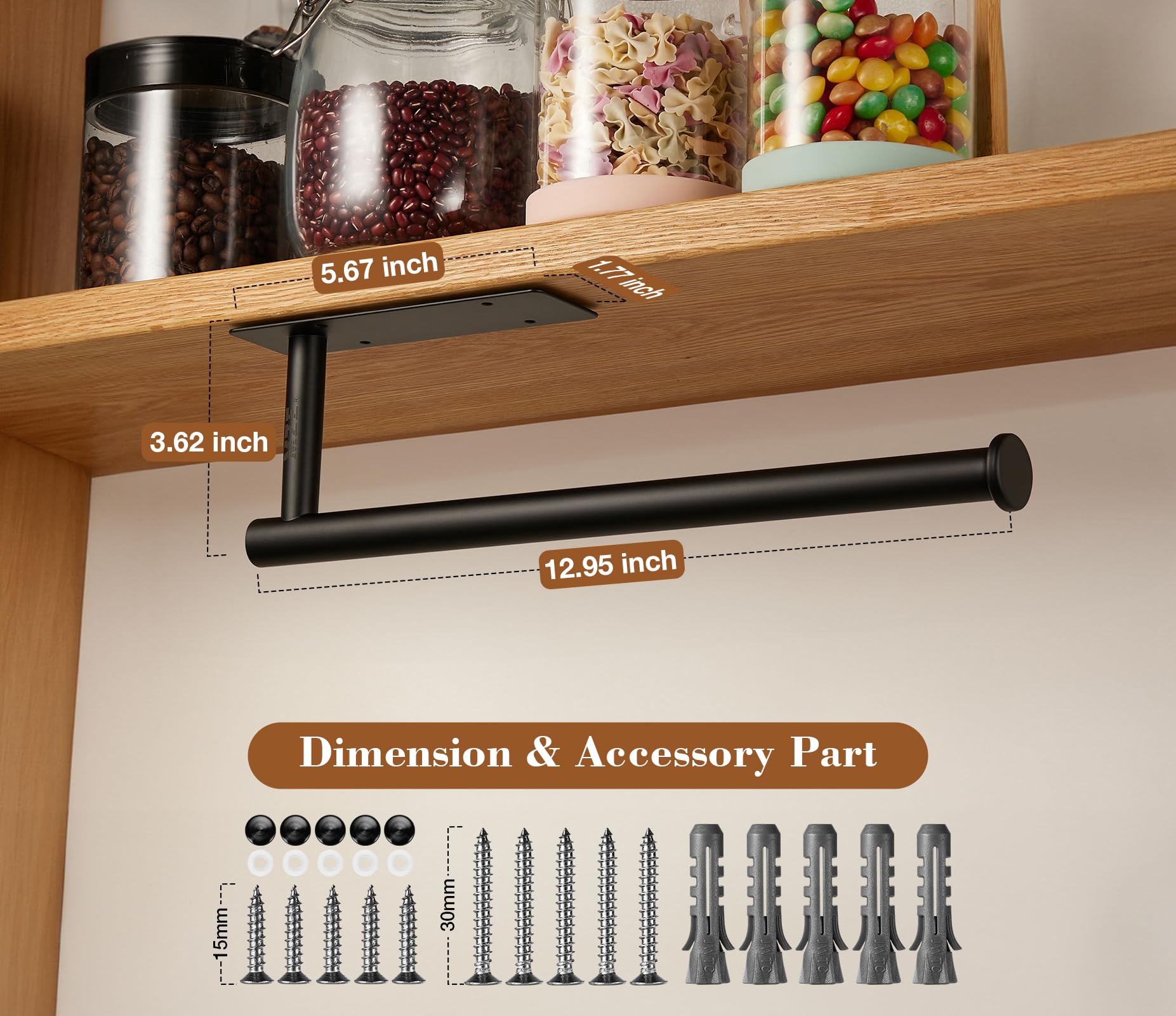 Paper Towel Holder Under Cabinet, Black Drilling or Self Adhesive Paper Towel Holder, Paper Towel Roll Rack, SUS304 Stainless Steel Under Counter Paper Towel Holder for Kitchen, Pantry, Sink, Bathroom