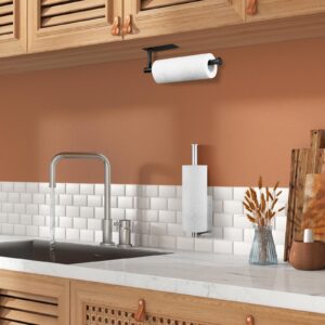 Paper Towel Holder Under Cabinet, Black Drilling or Self Adhesive Paper Towel Holder, Paper Towel Roll Rack, SUS304 Stainless Steel Under Counter Paper Towel Holder for Kitchen, Pantry, Sink, Bathroom