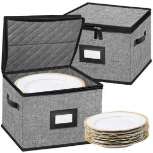 china storage containers-quilted dish storage containers with lid hard shell for moving transport, dinnerware storage,stackable plate storage,24 felt plate dividers included,2pack 12*12*8in(dark grey)