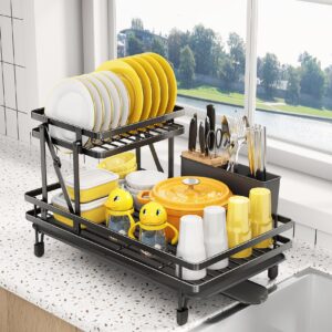 dish drying rack - large 2 tier dish racks for kitchen counter, collapsible dish drainer with utensil holder for dishes, knives, spoons and forks, black