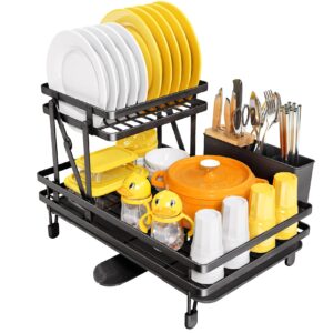 Dish Drying Rack - Large 2 Tier Dish Racks for Kitchen Counter, Collapsible Dish Drainer with Utensil Holder for Dishes, Knives, Spoons and Forks, Black