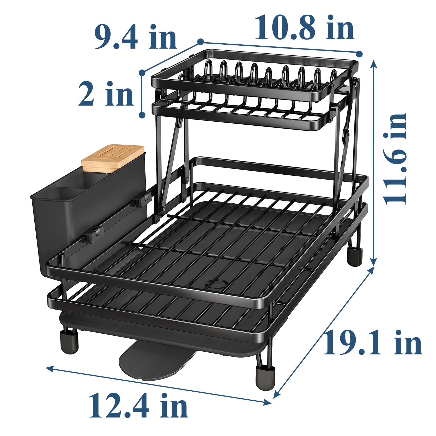 Dish Drying Rack - Large 2 Tier Dish Racks for Kitchen Counter, Collapsible Dish Drainer with Utensil Holder for Dishes, Knives, Spoons and Forks, Black