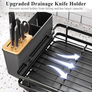 Dish Drying Rack - Large 2 Tier Dish Racks for Kitchen Counter, Collapsible Dish Drainer with Utensil Holder for Dishes, Knives, Spoons and Forks, Black