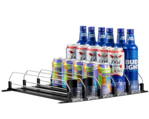 rula drink organizer for fridge, self-pushing soda can dispenser for refrigerator, width adjustable water bottle pusher glide, 16.2" d, 5 rows, black