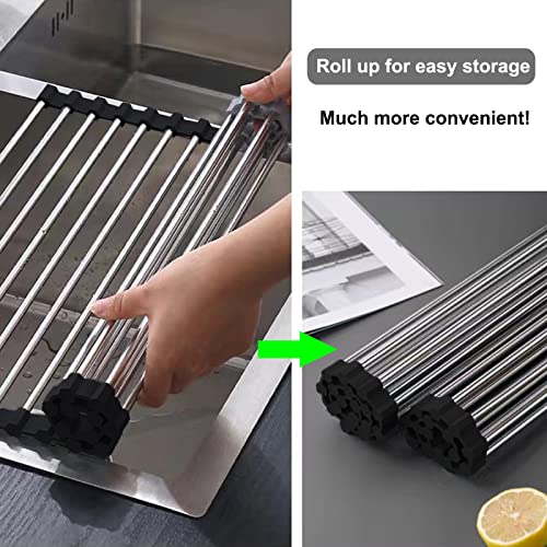 Roll Up Dish Drying Rack Over The Sink Dish Rack Kitchen Rolling Dish Drainer Over Sink, Foldable Sink Rack Mat Stainless Steel Wire Dish Drying Rack for Kitchen Sink Counter, Black (17.5''x11.8'')