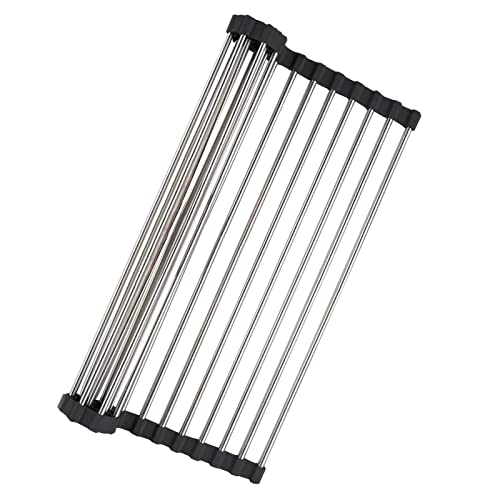 Roll Up Dish Drying Rack Over The Sink Dish Rack Kitchen Rolling Dish Drainer Over Sink, Foldable Sink Rack Mat Stainless Steel Wire Dish Drying Rack for Kitchen Sink Counter, Black (17.5''x11.8'')