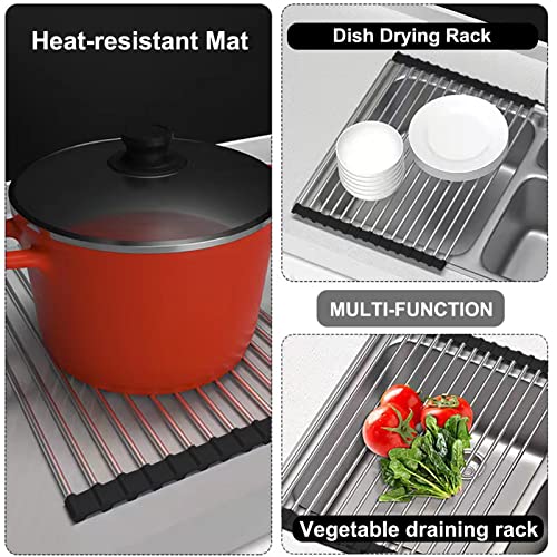 Roll Up Dish Drying Rack Over The Sink Dish Rack Kitchen Rolling Dish Drainer Over Sink, Foldable Sink Rack Mat Stainless Steel Wire Dish Drying Rack for Kitchen Sink Counter, Black (17.5''x11.8'')