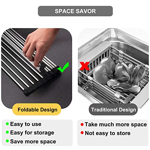 Roll Up Dish Drying Rack Over The Sink Dish Rack Kitchen Rolling Dish Drainer Over Sink, Foldable Sink Rack Mat Stainless Steel Wire Dish Drying Rack for Kitchen Sink Counter, Black (17.5''x11.8'')