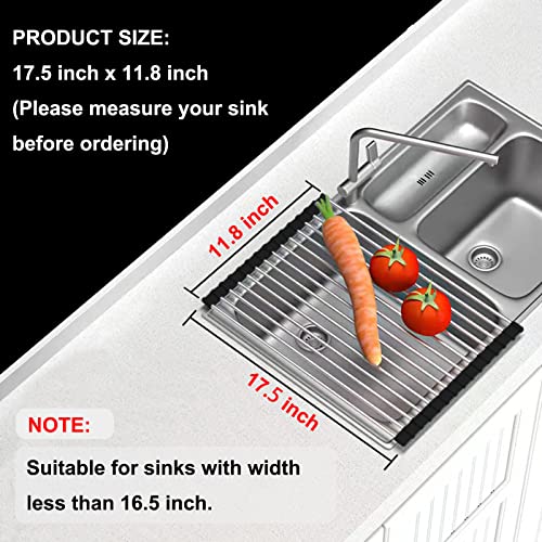 Roll Up Dish Drying Rack Over The Sink Dish Rack Kitchen Rolling Dish Drainer Over Sink, Foldable Sink Rack Mat Stainless Steel Wire Dish Drying Rack for Kitchen Sink Counter, Black (17.5''x11.8'')