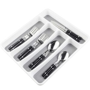 lemuna silverware tray for drawer, plastic cutlery tray kitchen drawer organizer, 5 compartment flatware cutlery organizer, soft-grip lining and non-slip rubber feet