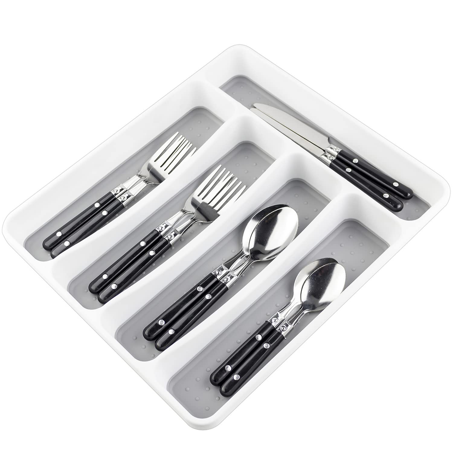 LeMuna Silverware Tray for Drawer, Plastic Cutlery Tray Kitchen Drawer Organizer, 5 Compartment Flatware Cutlery Organizer, Soft-Grip Lining and Non-Slip Rubber Feet