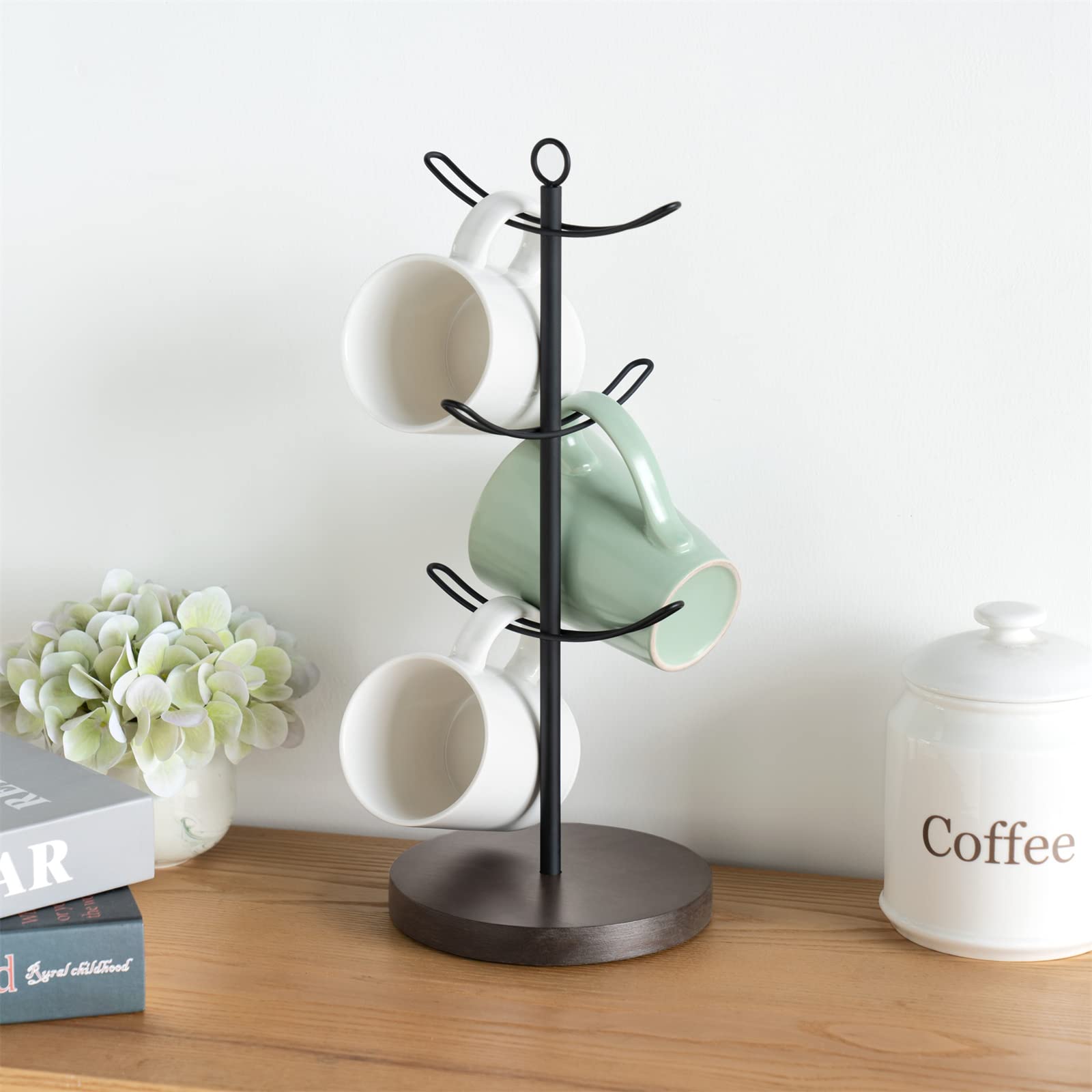 Mkono Coffee Mug Tree Counter, Coffee Cup Holder with 6 Hooks, Stylish Wood Mug Stand Rack for Mugs, Tea Cups Organizer, Coffee Bar Accessory Countertop Coffee Mug Storage Display Holder, Brown