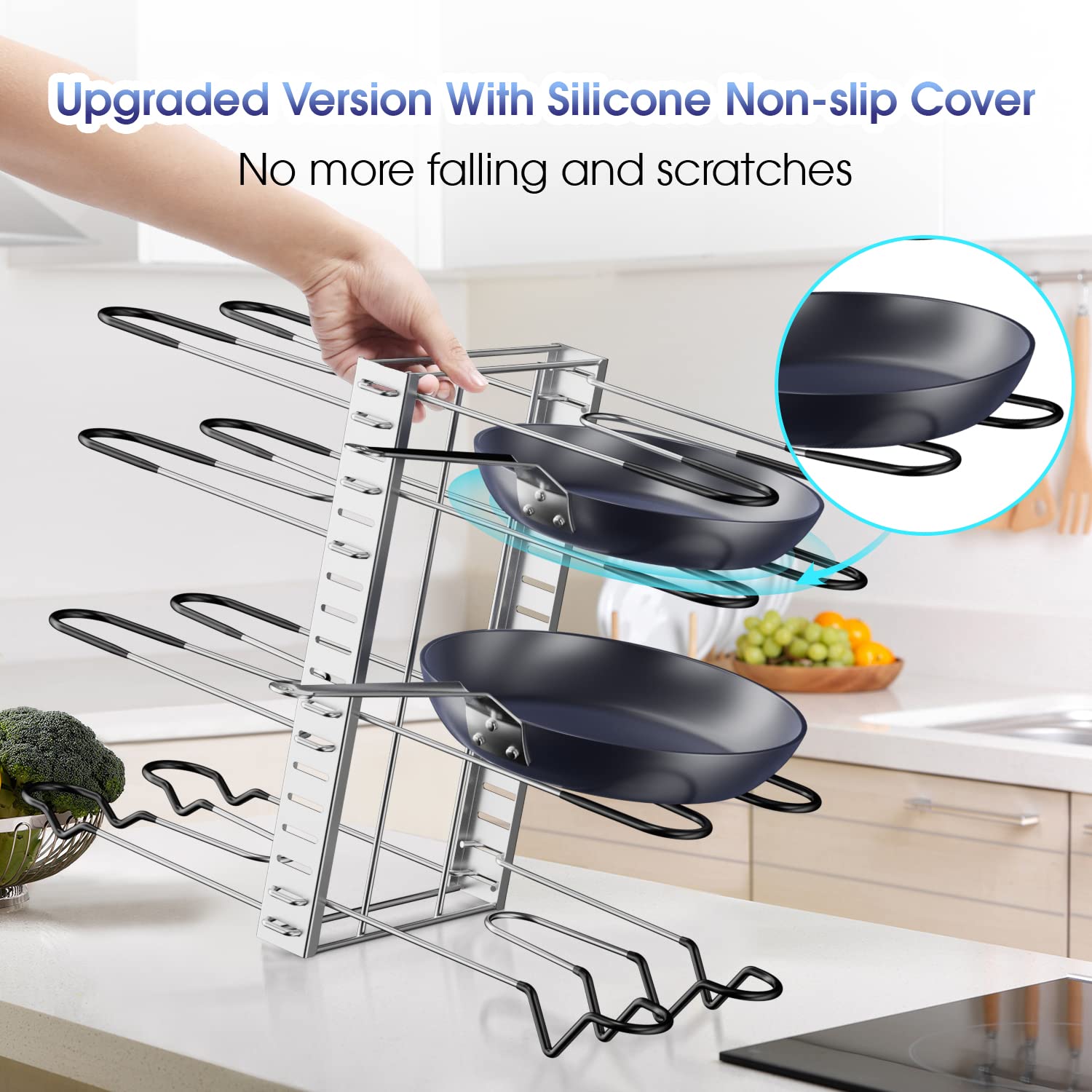G-TING Pot Rack Organizers, 8 Tiers Pots and Pans Organizer for Kitchen Organization & Storage, Adjustable Pot Lid Holders & Pan Rack, Lid Organizer for Pots and Pans with 3 DIY Methods(Silver)