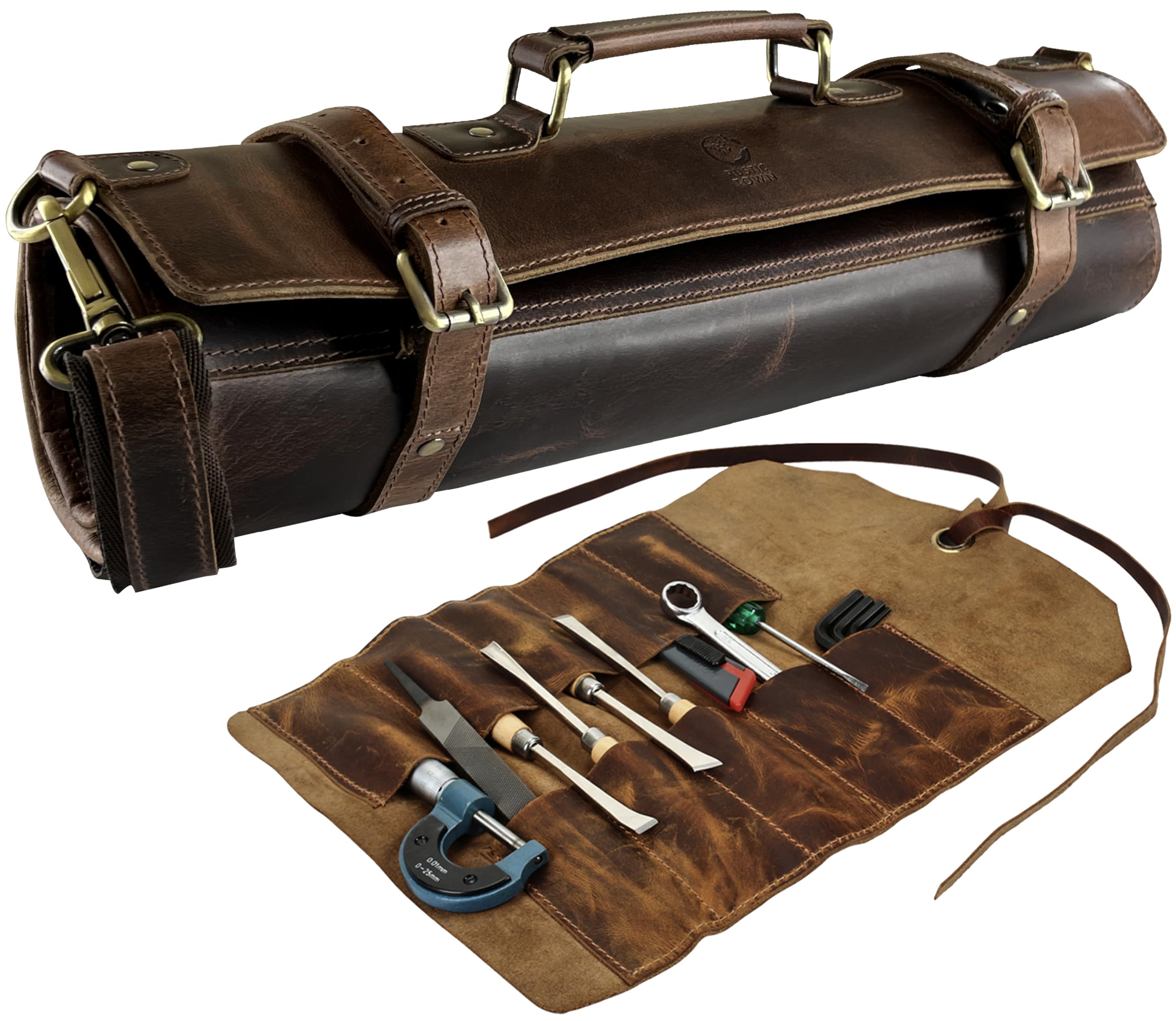 RUSTIC TOWN Leather Knife Roll Storage Bag With Tool Roll Up Pouch Travel-Friendly Chef Knife Case Roll