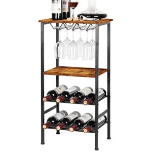 Wine Rack Freestanding Floor, Wine Rack Table Wine Bar Cabinet with Glass Holder Wine Rack with Storage Shelves Wine Rack Shelf Stand Wine Display Rack Hold 8 Bottle and 9 Glasses, Industrial Brown