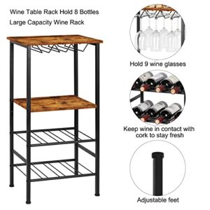 Wine Rack Freestanding Floor, Wine Rack Table Wine Bar Cabinet with Glass Holder Wine Rack with Storage Shelves Wine Rack Shelf Stand Wine Display Rack Hold 8 Bottle and 9 Glasses, Industrial Brown