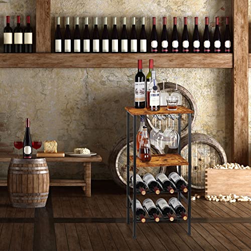 Wine Rack Freestanding Floor, Wine Rack Table Wine Bar Cabinet with Glass Holder Wine Rack with Storage Shelves Wine Rack Shelf Stand Wine Display Rack Hold 8 Bottle and 9 Glasses, Industrial Brown