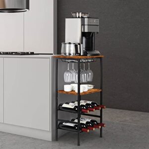 Wine Rack Freestanding Floor, Wine Rack Table Wine Bar Cabinet with Glass Holder Wine Rack with Storage Shelves Wine Rack Shelf Stand Wine Display Rack Hold 8 Bottle and 9 Glasses, Industrial Brown