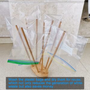 CRAKTH Plastic Bag and Bottle Drying Rack, Reusable Ziplock and Freezer Bag Dryer Rack, Space Saving, Beech Wood