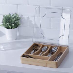 Kitchen Drawer Organizer, 13 Inch Silverware Utensil Tray Holder,with Removable Lid, 5 Slots Total Bamboo Wood Caddy for Flatware Cutlery Knives, Forks, Spoons.