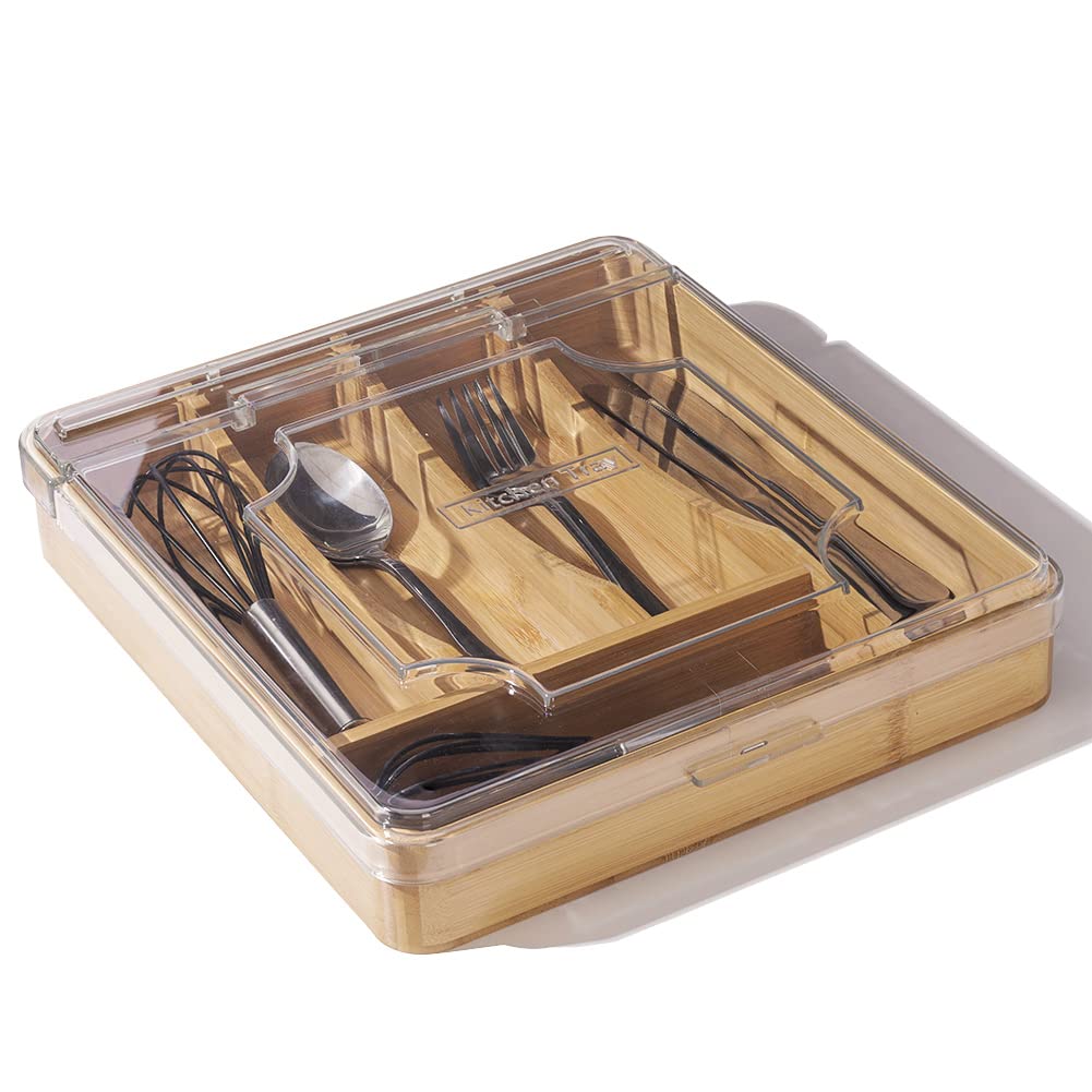 Kitchen Drawer Organizer, 13 Inch Silverware Utensil Tray Holder,with Removable Lid, 5 Slots Total Bamboo Wood Caddy for Flatware Cutlery Knives, Forks, Spoons.