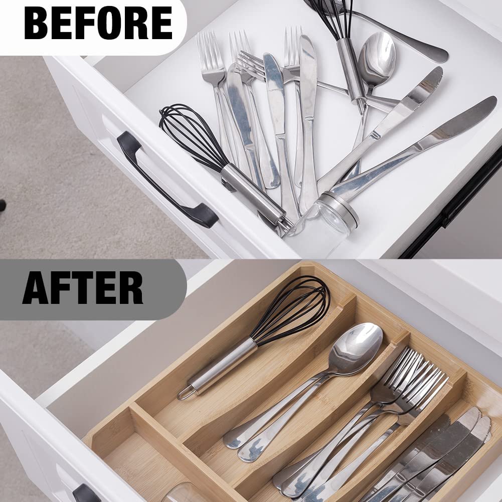 Kitchen Drawer Organizer, 13 Inch Silverware Utensil Tray Holder,with Removable Lid, 5 Slots Total Bamboo Wood Caddy for Flatware Cutlery Knives, Forks, Spoons.