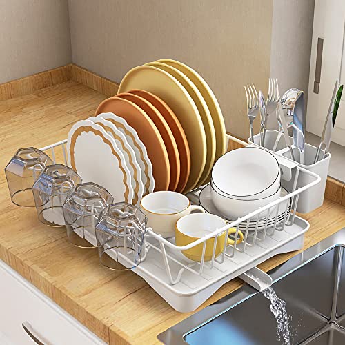 H-SPACE Dish Drying Rack, Space-Saving Dish Rack, Dish Racks for Kitchen Counter, Durable Metal Kitchen Drying Rack with a Cutlery Holder, Drying Rack for Dishes, Knives, Spoons, and Forks, White