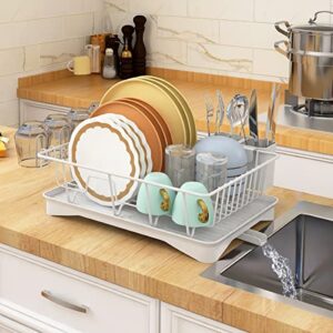 H-SPACE Dish Drying Rack, Space-Saving Dish Rack, Dish Racks for Kitchen Counter, Durable Metal Kitchen Drying Rack with a Cutlery Holder, Drying Rack for Dishes, Knives, Spoons, and Forks, White