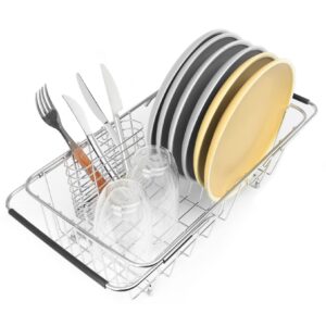 btlatha sink dish drainer rack, expandable 304 stainless steel dish drying rack organizer with stainless steel utensil rack, adjustable 14.96" to 20.59" inside the sink (up to 7 upright utensils).