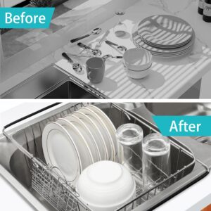 BTLATHA Sink Dish Drainer Rack, Expandable 304 Stainless Steel Dish Drying Rack Organizer with Stainless Steel Utensil Rack, Adjustable 14.96" to 20.59" Inside The Sink (up to 7 Upright Utensils).