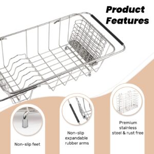 BTLATHA Sink Dish Drainer Rack, Expandable 304 Stainless Steel Dish Drying Rack Organizer with Stainless Steel Utensil Rack, Adjustable 14.96" to 20.59" Inside The Sink (up to 7 Upright Utensils).