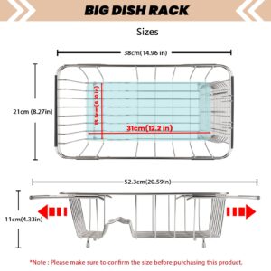 BTLATHA Sink Dish Drainer Rack, Expandable 304 Stainless Steel Dish Drying Rack Organizer with Stainless Steel Utensil Rack, Adjustable 14.96" to 20.59" Inside The Sink (up to 7 Upright Utensils).