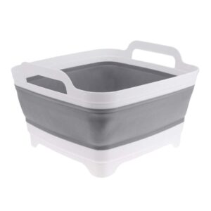 aakitchen collapsible dish pans portable washing basin dish pan with handle foldable strainer wash and drain dish tub drainer over sink colander draining basket for rv car (white/grey)