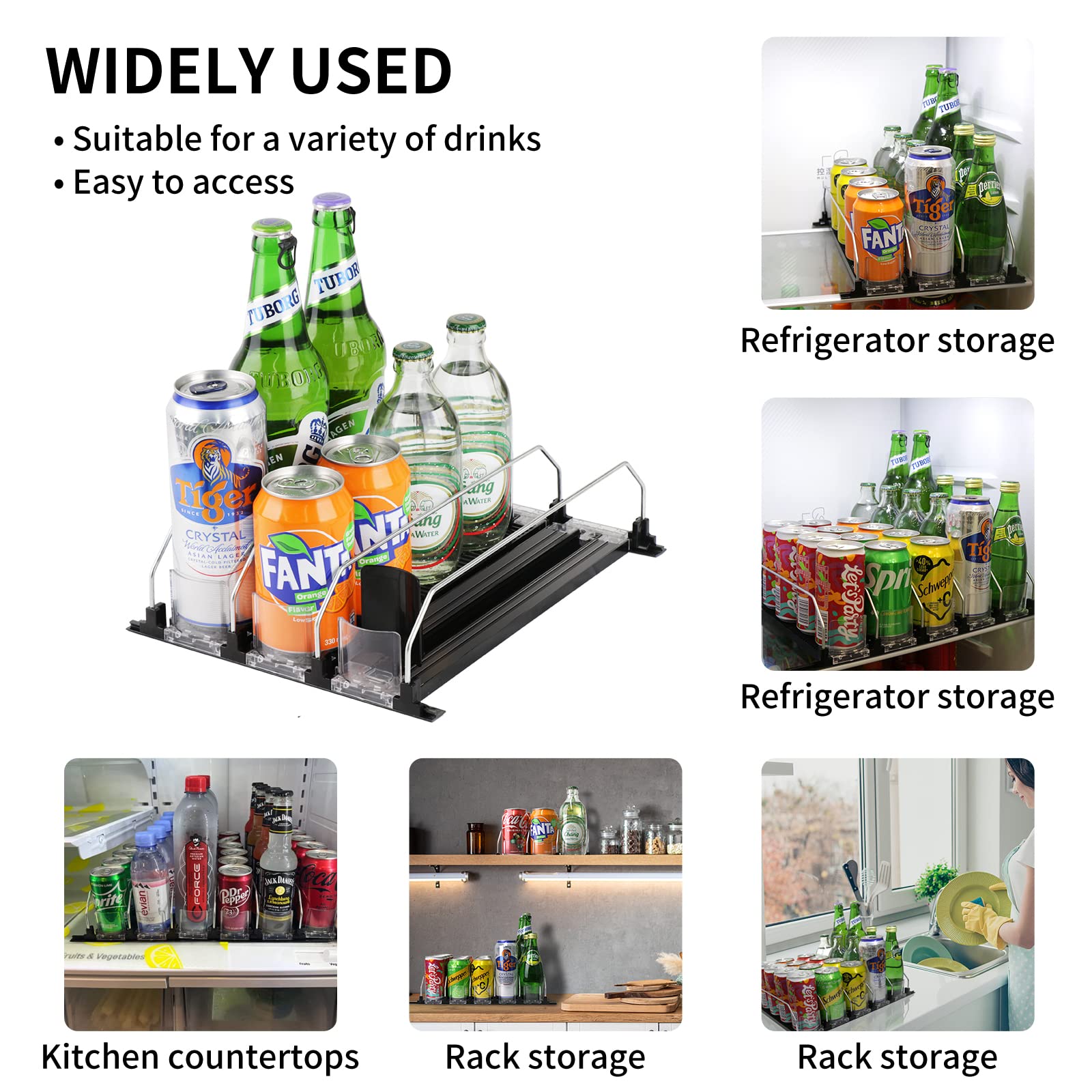FanFolou Soda Can Organizer for Refrigerator - Self Pushing Drink Organizer for Fridge, Width Adjustable, Drink Dispenser for Fridge, Pantry, Kitchen(3 Row,12.2 Inch)