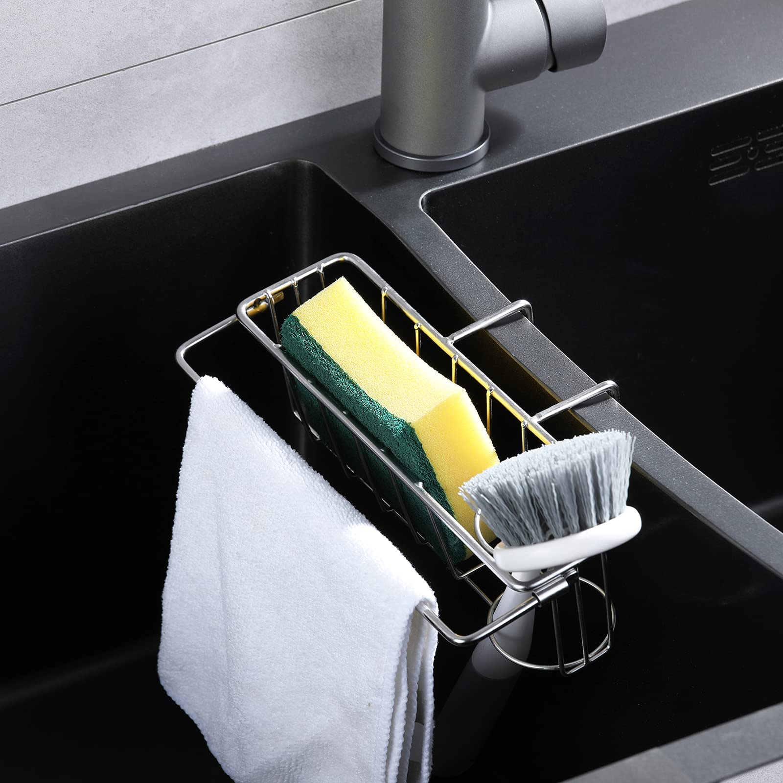 QMLALA Sponge Holder for Double Kitchen Sink, 3-in-1 Sink Caddy, Brush, Dish Towel, Sponge Sink Organizer Liquid Drainer Rack - SUS304 Stainless Steel