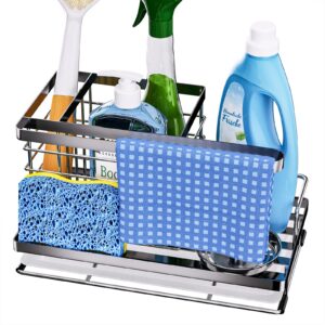 swtymiki kitchen sink caddy organizer with dishcloth holder, rustproof stainless steel sponge holder with removable drain tray, sink rack holds sponge, dishcloth and brush in silver