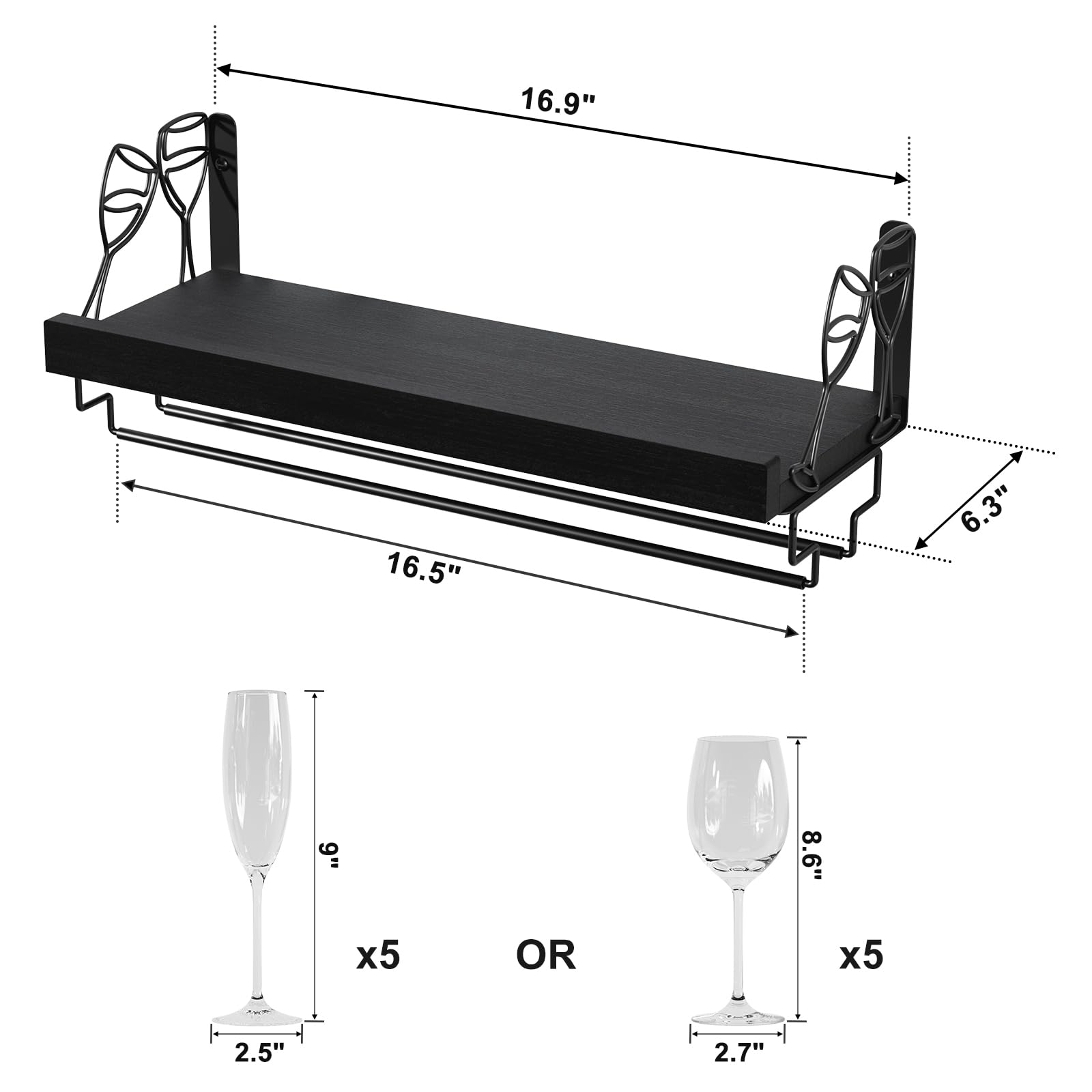 Love-KANKEI Wine Rack with Stemware Hanger, 17inch Wine Glass Rack, Floating Shelf Wall Mounted, Wood Wall Shelf for Kitchen, Dinning Room, Home Bar, Living Room etc, Pitch Black