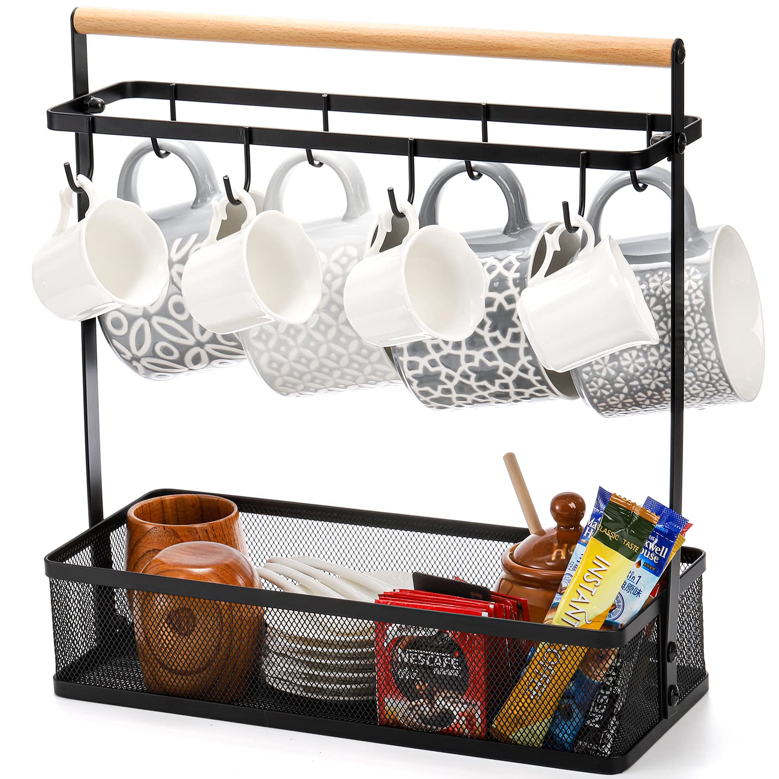 Hiceeden Coffee Mug Holder with Wire Storage Basket, Large Mug Tree Mug Racks, Coffee Tea Cup Mug Stand Organizer for Kitchen Countertop, Holds 8 Cups (Metal, Black)