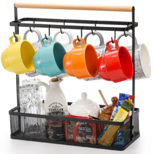 Hiceeden Coffee Mug Holder with Wire Storage Basket, Large Mug Tree Mug Racks, Coffee Tea Cup Mug Stand Organizer for Kitchen Countertop, Holds 8 Cups (Metal, Black)