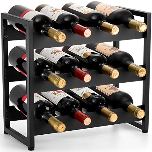 AVLA Metal Wine Rack Freestanding, Rustic 3 Tier Countertop Bottle Holder, Liquor Display Storage Organizer Stand, 12 Bottles Solid Floor Wine Cabinet Shelf for Kitchen, Tabletop, Bar, Dining Room